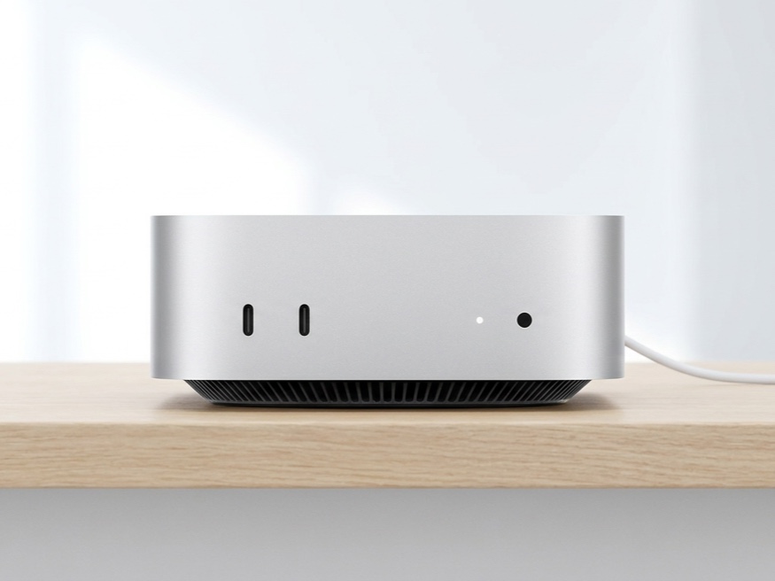A Mac mini on a desk with a keyboard, from above